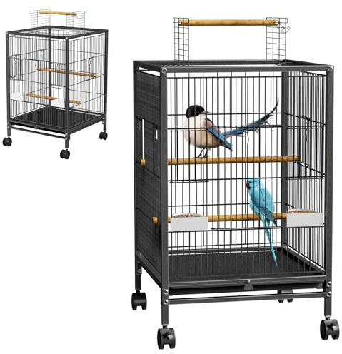 ACXIN Vogelkäfig Metall Vogelvoliere mit Rollen, Wellensittichkäfig mit Holzstangen und Futternäpfen, Tierkäfig Vogelhaus für Papageien, Tauben, Sittiche und Finken (Typ D)