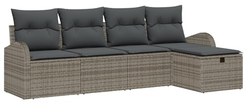 vidaXL Garten-Sofa-Set mit Kissen mit Speicher 5 pcs Grau Poly Rattan, Garten und Terrasse, Modulares Outdoor-Sofa-Set, robuster Loungesitz, wetterfest, verstellbare Füße, vielseitige Möbel