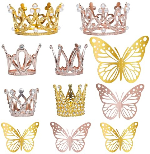 Gyufise 18 Pack Mini Crown Cupcake Toppers Butterfly Cake Toppers Crown Tiara Cupcake Decorations for Women Lady Girl Birthday Bridal Wedding Royal Themed Party Decorations Supplies Gold Rose Gold