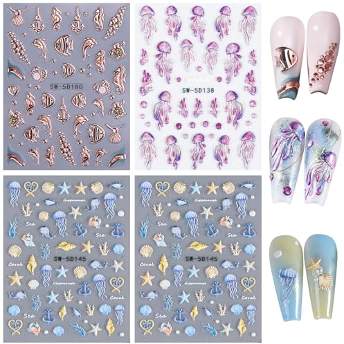HTTDSLF 4 Blätter 5D Geprägte Ozean Nagelsticker Seesterne Nagelaufkleber, 5D Stereoskopisch Selbstklebend Nail Art Nagel Aufkleber Sticker, DIY Dekorationen Nageldesign Zubehör Muschel Nagel Design