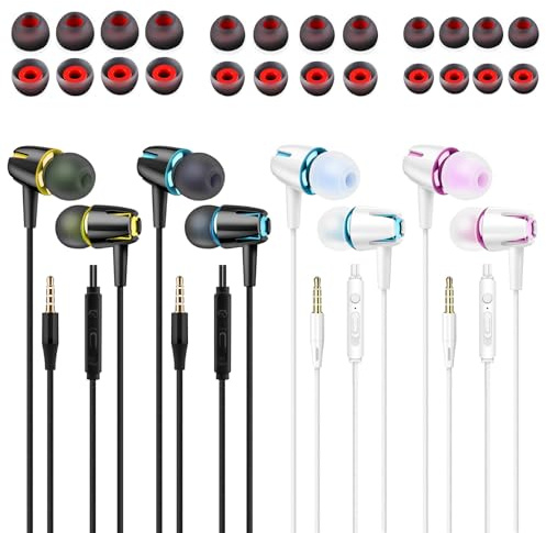 In-Ear Wired Noise Cancelling Headphones 4 Pairs Earphones with Microphone | Volume Control & Noise Isolating, Deep Bass Earbuds with 12 Pairs Replacement Earplugs Compatible with iPad Smartphones Lap