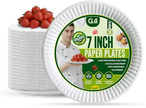 G4GADGET 30 Pack 7 Inch Paper Plates – Small Disposable White Plates for Snacks, Desserts & Parties – Eco-Friendly, Biodegradable, Recyclable for Hot & Cold Food – Sturdy & Microwave Safe