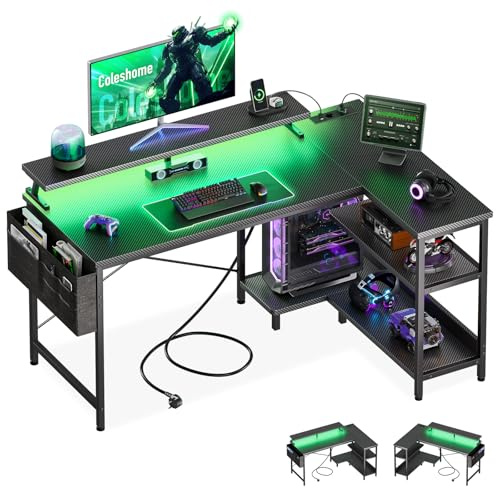 Coleshome Scrivania Gaming Angolare con LED 1 Presa Reversibile 120x80cm