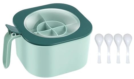 Cloimei 4 Compartment Organizer Box Large Capacity Kitchen Storage Container With Lid Practical Seasoning Rack For Countertop PP Material Includes 4 Measuring Spoons (Green)