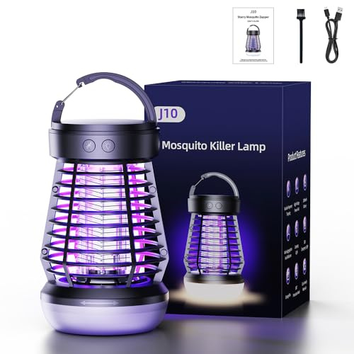 Destructeur d'insectes électrique 3 en 1 - Lumière UV - Lampe de camping solaire IP6 étanche - Portable - Lampe de tente rechargeable par USB - Noir