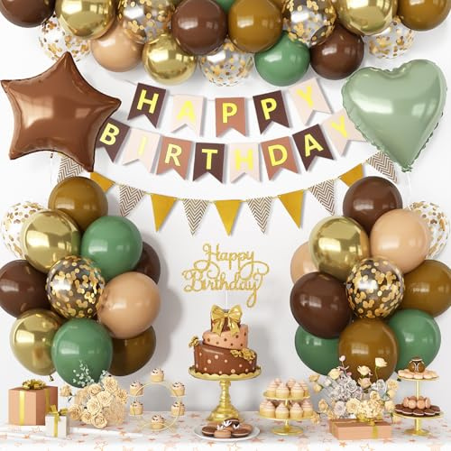 Luftballons Geburtstag, Set Deko für Geburtstage, Kaffeebraun, Braun, Avocadogrün, Hautton, Metallic-Gold, Glitzergold Latexballons für Partys, Herz- und Stern-Folienballons für Hochzeit Dekoration