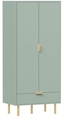 Kingwudo Morden Bedroom Wardrobes with 2 Doors 1 Drawer and Hanging Rail Clothes Storage Unit Green Wooden Freestanding Armoire for Bedroom Furniture