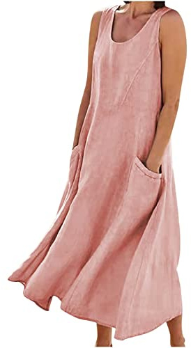 Damen Sommerkleid, Ärmelloses Baumwoll Leinen Maxikleid mit Rundhals Taschen Luftiges Freizeit A-Linie Kleider Große Größen Langes Kleid Sommerkleider Damen Leicht und Luftig