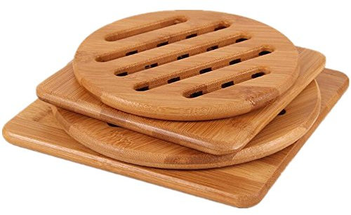 Natural Bamboo Trivet Mat Set, Kitchen Wood Hot Pads Trivet, Heat Resistant Pads for Hot Dishes/Pot/Bowl/Teapot/Hot Pot Holders, Anti-Hot Non-Slip Durable,Square and Round (Pack of 4), by MUWENTY
