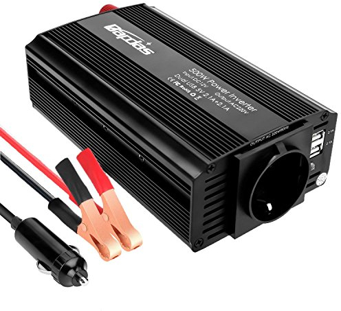 Bapdas 500W Convertisseur Transformateur DC 12V AC 220V-240V, Ports USB Dual 5V / 2.1A Corps en Aluminium avec Attaches de Batterie de Voiture et Chargeur de Voiture