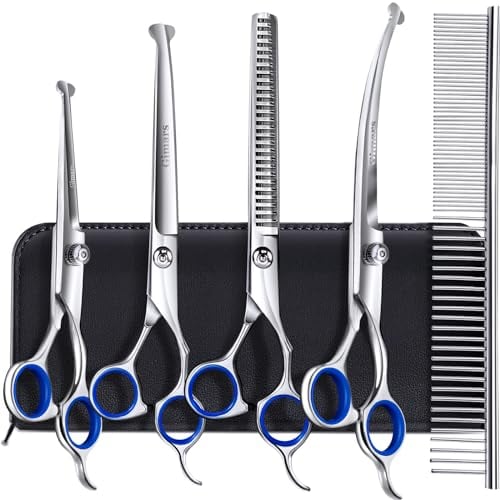 Gimars Professional 6 in 1 Dog Grooming Scissors 4CR Stainless Steel with Safety Round Tip, Heavy Duty Titanium Coated Pet Grooming Scissor for Dogs, Cats and Other Animals
