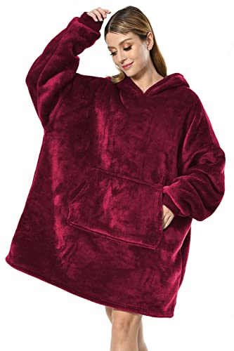 Seogva Oversized Sherpa Hoodie, Wearable Hoodie Sweatshirt Blanket, Super Soft Warm Comfortable Blanket Hoodie, One Size Fits All, Men, Women, Girls, Boys, Friends Wine Red
