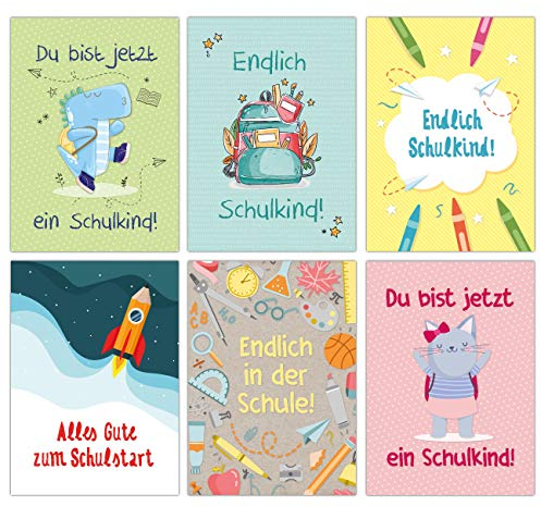 Papierdrachen 12 Glückwunschkarten zur Einschulung - Motiv Bunt mit Tieren - Geschenk und Grüße für Schulanfänger - Buntes Postkarten Set für Kinder zum Schulanfang - DIN A6