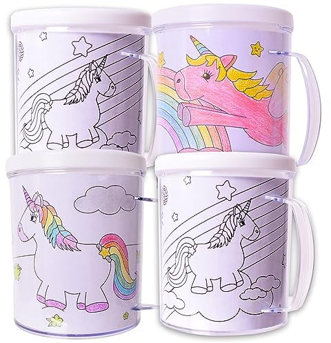 TE-Trend 4 Pièce Licorne Coloriage Motif Gobelets en Plastique Gobelet Enfants Tasse d'enfants Gobelets en Plastique Mug Enfants Transparent