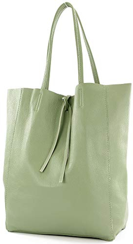 modamoda de T163 Damen Leder Shopper Schultertasche Large mit Innentasche handmade in Italy, Farbe:Graugrün