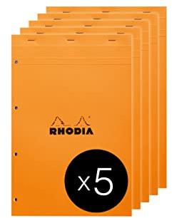 Rhodia 20200C - Packung mit 5 Notizblöcken geheftet No.20, DIN A4+, 80 Blätter gelb kariert perforiert, 80g, Schwarz, 1 Pack