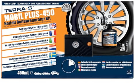 Terra-S T56003 Mobil Plus-450 Kit, Notfall-Reifenreparatur, 450mL OEM-Qualität Dichtmittel mit einfacher Einfüllung und Kompressor, geeignet für PKWs und andere Straßenfahrzeuge, Reparatur in 15 Min