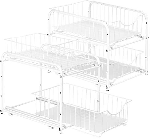 CADUKE Lot de 2 organiseurs de lavabo avec panier à tiroirs, en métal, à 2 niveaux, pour rangement sous évier - Blanc, NX-R70-X2-AMR-DE