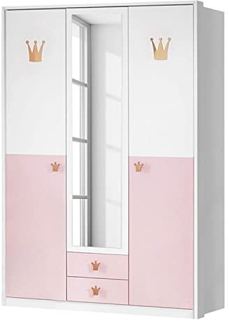 Casa Vital Kleiderschrank Cindy 2 B18484, weiß und rosa, 139x58x199 cm, Schrank mit Einlegeböden, Schubladen, Kleiderstangen und Spiegel an den Türen