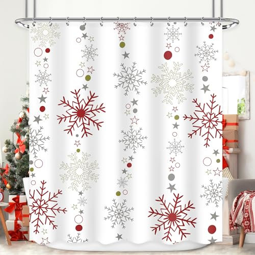 Ufeela Rideau de douche de Noël de 152,4 x 183 cm (l x L) – Rideau de douche d'hiver pour salle de bain – Rouge, rouge, gris, blanc, grands petits flocons de neige, joyeux Noël – Accessoires de