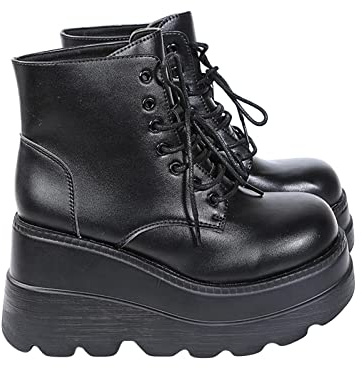 HAOLEI Women Chunky Boots Platform Thick Bottom Boots Lace-Ups Goth Punk Ankle Boots Ladies Wedge Shoes Size UK 5.5-9.5