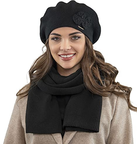 VIVISENCE Damen Baskenmütze Eleganter Wintermütze Und Schal Set Warm Kopfbedeckung Und Halsbedeckung An Winter Und Herbst Warm Dick, Winterset Für Frauen, Hergestellt In EU, Schwarz