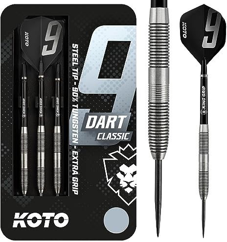 KOTO - 9-Darts Classic 90% 24 G, Silber, Darts Set inkl. 3 Barrels,Flights + Shafts & Dartwallet, Fester Ringgrip