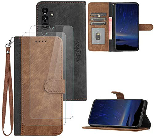 Hoyoikun Coque pour Samsung Galaxy A13 5G[2 pcs Protecteur d'écran],Etui en Cuir PU Portefeuille Coque avec Fente Carte,Fonction de Support,Fermeture Magnétique-Brun