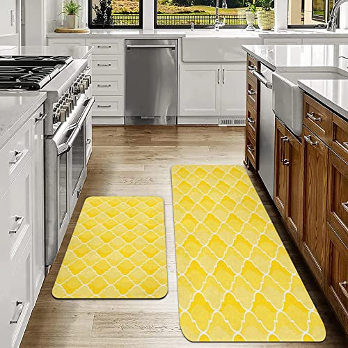 Juego de 2 alfombras de cocina,Patrón de enrejado marroquí amarillo en tonos amarillos Patrón orient,lavables, utensilios de cocina, alfombrilla antideslizante para cocina, comedor, 40x120 cm+40x60 cm