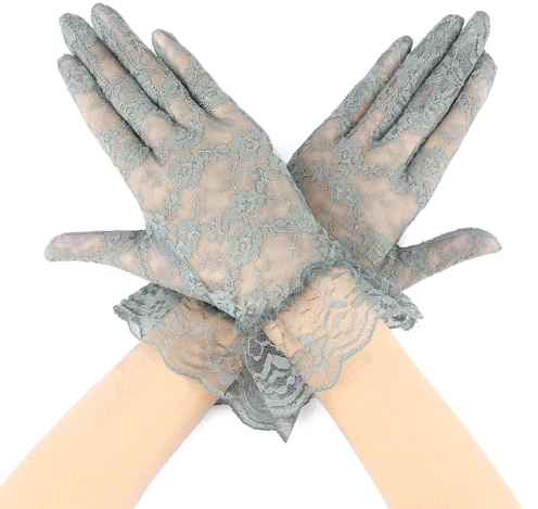 Cytokio Spitzenhandschuhe für Damen, Teeparty & Hochzeit, Brautmode, Oper & Halloween, Cosplay, kurze Handschuhe, 1 Paar: grau blau, 1 Paar
