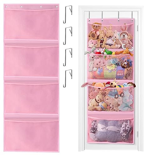 Yuehuamech Over the Door Hanging Organizers Behind Door Hang Holder with 4 Pockets 4 Metal Hooks Hanging Storage in Closet Bedroom Bathroom for Stuffed Animal Toy Shoes Hat Underwear Socks