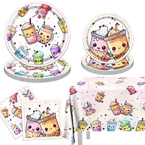 Boba Tea Party Dekorationen, Bubble Tea Geburtstag Geschirr Dekoration Boba Tee Teller Servietten Tischdecke für Boba Geburtstag Party Dekorationen