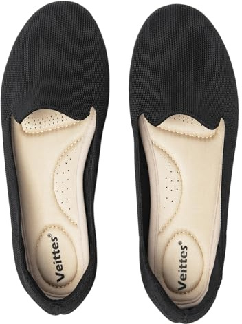Veittes Women's Wide Width Flats Shoes, Soft Knitted Breathable Plus Size Ladies Slip on Office Ballet Shoes.(2205003-2,BK/FK,9.5 UK)