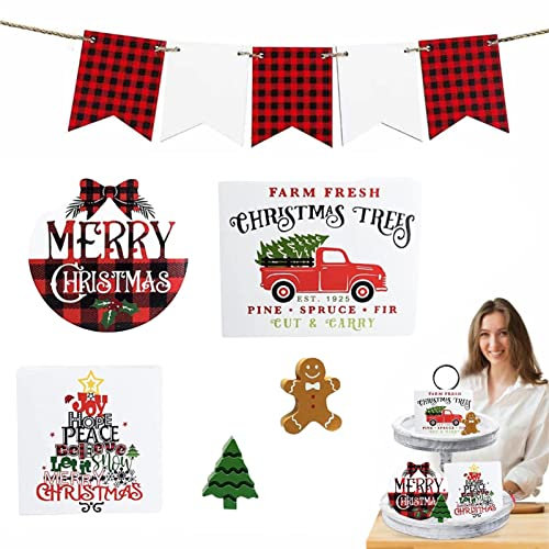 Niktule Christmas Decor for Tiered Tray | Christmas Tier Tray Decor,Wood Tree Signs Create A Christmas Mood Wood Shelf for Entrance Table, Fireplace, Cupboard