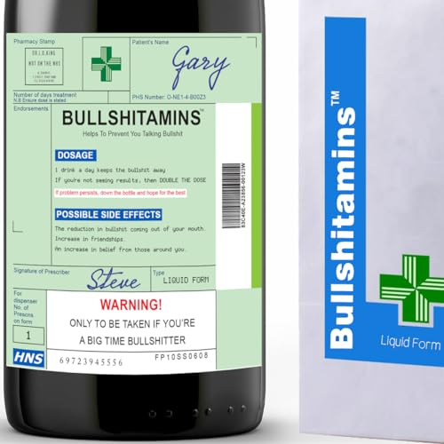 Joke Prescription Wine Label & Bottle Bag, Funny Novelty Gifts for Women & Men. Prescription Wine Prosecco Gifts for Women. Funny Birthday Gift, Secret Santa, Joke Christmas Gifts (Bullsh*tamins)