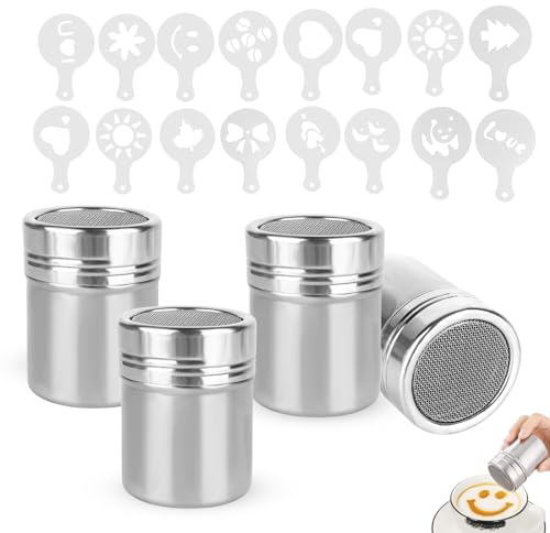 PZJFH 4 Stück Edelstahl Pulverstreuer mit 16 Stück Druckformen Schablonen, Schokoladenstreuer, Kakaopulver Shaker Spender, Schokolade Streuer Puder Schablone Shaker, für Schokolade Zucker Kakao Mehl