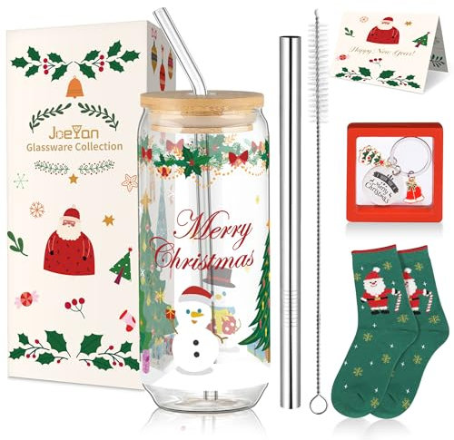 Joeyan 600ml Copas de Agua de árbol de Navidad con Tapa y Pajita,Vasos de Café Caliente,Taza de Té de Burbujas Reutilizable,Frasco de Vidrio de Boca Ancha,Navideña Regalos Para Hermanas Amigos Colega