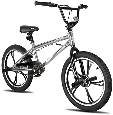 Hiland 20 Zoll 5 Speichen Kinder BMX Fahrrad für Jungen Mädchen ab 7-13 Jahre alt, 360 Grad Rotor Freestyle, 4 Pegs Kinder BMX Fahrrad, Silber