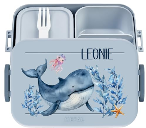 wolga-kreativ Personalisierte Kinder Brotbüchse blau maritim Meer Wal Motiv und Fächern, Bento Vesperdose Kleinkind Mädchen Junge für Schule und Kindergarten