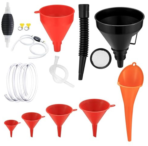 Einfülltrichter Set, 8 Stück Rechtwinkliges Flexibles Kunststoff Trichter set, Trichter mit Schlauch mit Abnehmbarem Auslauf und Langen Trichtern für Auto Werkstatt Haushalt