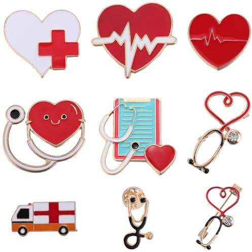 SUNNYCLUE 1 boîte 9 modèles Épingles Médicales en Émail Ensemble de Broches D'Infirmière en Alliage Mignon Coeur Stéthoscope Thèmes D'Infirmière Broche Insignes Épinglette de Sécurité Broches
