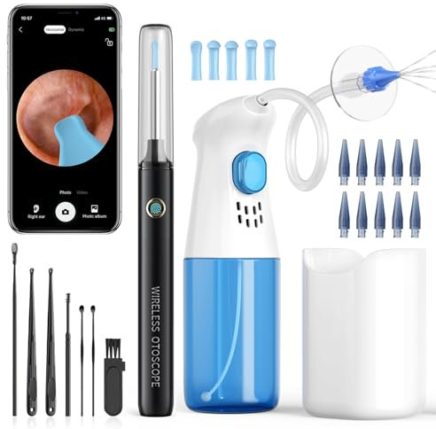 Qimic Limpiador de cerumen, otoscopio 1080P con luz, limpiador de oídos para adultos, sistema de lavado de oídos, juego de limpieza de oídos, con 10 puntas de oído y platillos de captura de agua
