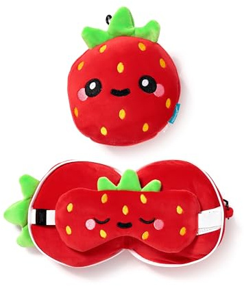 Relaxeazzz Elidi the Strawberry Foodiemals Travel Pillow & Eye Mask
