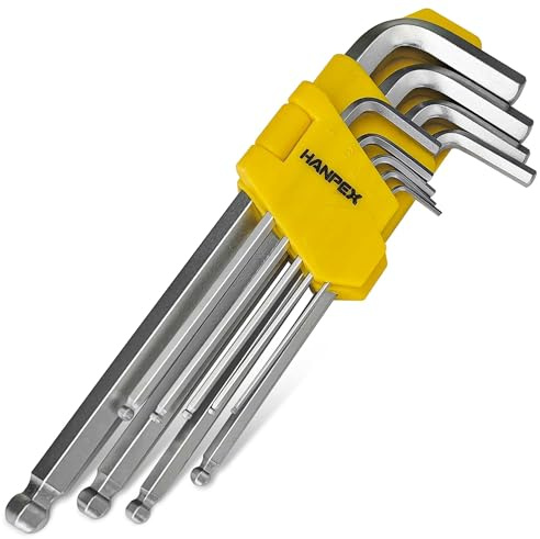 Hanpex Long Arm Hex Key Set with Ball End, Ball-End Allen Wrench, Chrome Vanadium Steel(Cr-V) Tamperproof TORX L- Key Set (9Pc Metric)