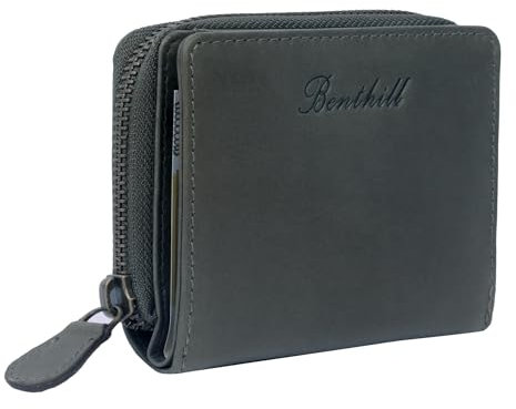 Benthill Kleine Geldbörse Echt Leder | Damen & Herren Portemonnaie mit RFID Schutz | 8 Kartenfächer | Slim-Wallet inkl. Geschenkbox, Farbe:Olive - Grau