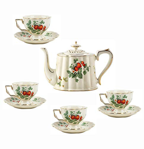 GLJTUO Britisches Porzellan-Teeservice, Vintage, Erdbeer-Kaffeeservice Aus Keramik, Teetasse Und Untertasse, Geschenkset, Teeservice Für Erwachsene, Hochzeit, Geburtstag,