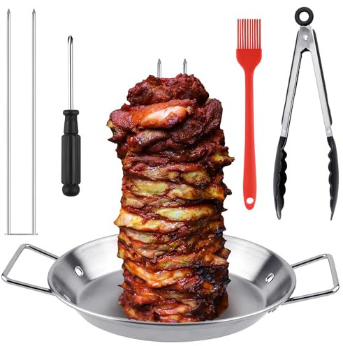 Elcoho Al Pastor Skewer for Grill BBQ Vertical Skewer Pan with Spikes Brush Tongs Screwdriver Al Pastor Rotating Grill Vertical Rotisserie for Turkey Tacos Al Pastor Shawarma Chicken on Smoker Oven