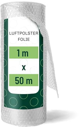 Luftpolsterfolie 1 x 50 Meter Rolle – Hochwertiges Polstermaterial, Blisterfolie für Umzug, Versand, Verpackung – Schutz für Glas, Porzellan, zerbrechliche Gegenstände – Transparent, Stoßdämpfend