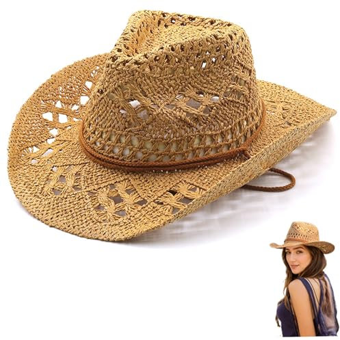 Straw Cowboy Hats for Women, Woven Hollow Cowboy Hat with Adjustable Chin Strap, Sun Protection Cowgirl Hat for Beach Travel