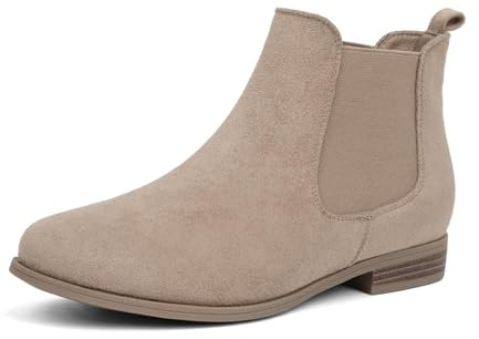 VJH confort Women's Slip on Ankle Boot, Western Almond Round Toe Low Heel Elastic Chelsea Bootie(Apricot 1,9)